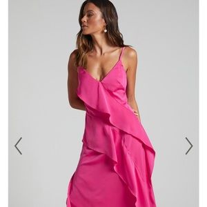 EILEEN MIDI DRESS - V NECK SOFT RUFFLE TIERED SATIN DRESS IN HOT PINK
